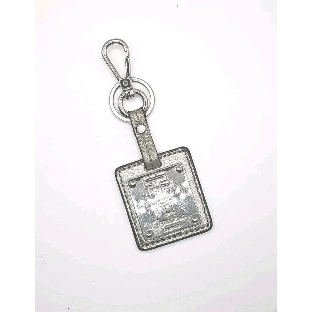 Tignanello‎ Triple T Silver Leather Silver Charm Metal Key Fob Keychain Hang Tag